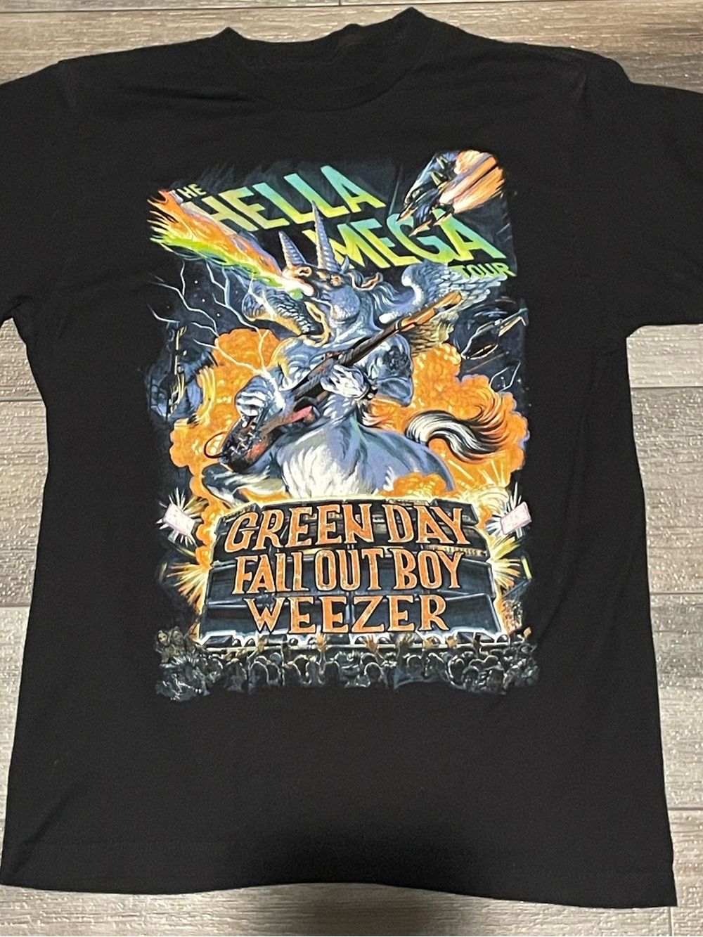 Hella Mega Tour Black Band Tee with Colorful Unicorn Graphic